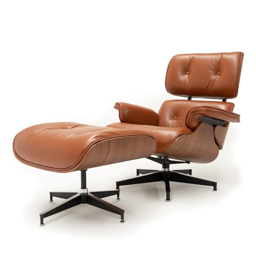 Image of Top Black Grain Leather, Mid Century Chaise Lounge Chair and Ottoman, Modern Chair Classic Design, Walnut Wood, Heavy Duty Base Support for Living Room Study Lounge Office (Walnut-brown, Upgraded)