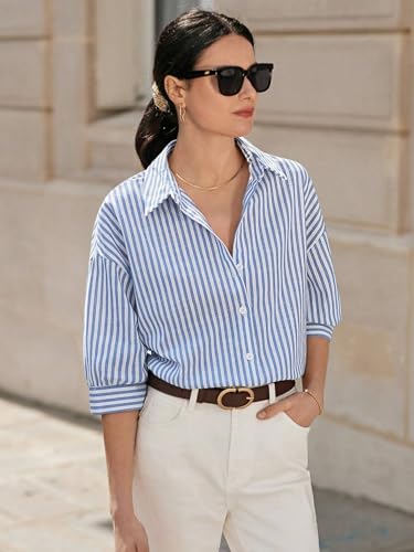 Image of IndoPrimo Women's Classic Fit Striped Print Poly Cotton Shirt with 3 /4 Sleeve Mandarin Neck Standard Length and Button Down Closure Type