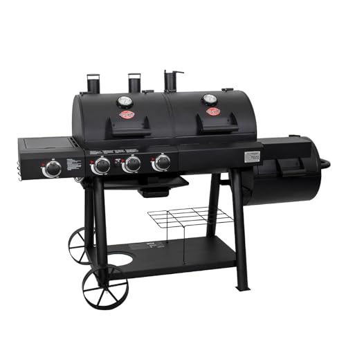 Image of Char-Griller Texas Trio 3-Burner Gas & Charcoal Grill and Smoker, Push Button to Ignite, Dual temperature Guages, Side Burner, Includes Side Firebox, 1,390 Cooking Square Inches, Black, Model# 3070