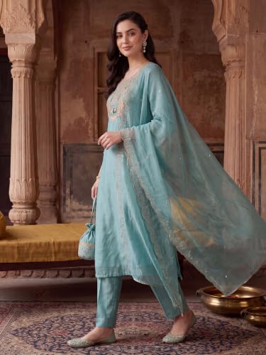 Image of INDO ERA Women's Silk Blend Embroidered Thread Work Straight Kurta & Pant with Dupatta Set | Kurta Sets For Woman