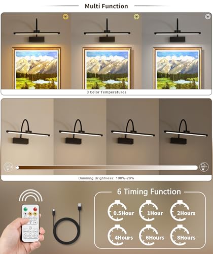 JOOSENLUX Wireless Picture Light - Battery Operated Black Wall Light with Remote Control - Dimmable Timer - 15.94” Display - Flexible Neck Swing Arm - Art Gallery Light - image 2