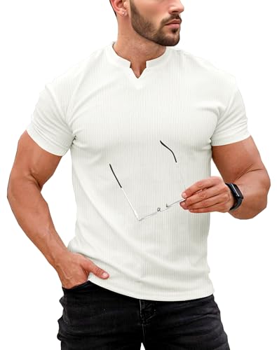 Lehmanlin Camiseta para Hombre, Manga Larga y Corta, Camisas Ajustadas con Cuello en V, Camisa Casual Elástica (Blanco/L)