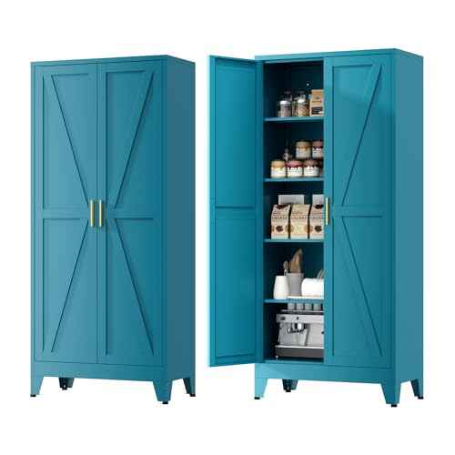 Image of Farmhouse Pantry Cabinet with Barn Doors, 71 inch H x 31.5 inch W, 5-Tier Metal Storage Cabinet with 4 Adjustable Shelves for Kitchen Garage Dining Room,Blue 1 Pack