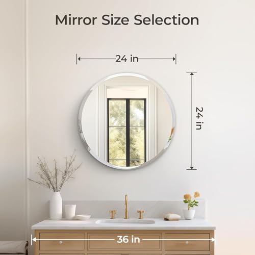 Image of 2 Feet Round Frameless Wall-Mounted HD Mirror with 5 mm Glass Thickness | Wall Hanging Mirror for Bathroom, Entryway, Living Room