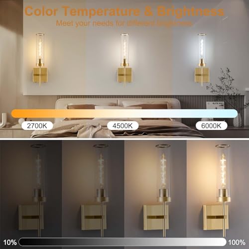 Image of Wall Sconces,Gold Battery Operated Wall Sconce Dimmable Touch 3000K /6000K 2 Color Bulbs 8000mAh Fast Chargin Endurance 100 Hours with Remote Control Wireless Wall Lights for Bedroom Living Room