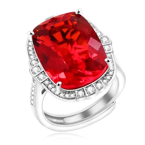 Uloveido Rectangular Cubic Zirconia Exaggerate Rings Silver Color Adjustable Big Crystal Luxury Wedding Party Finger Rings for Women YB4206 (Red)