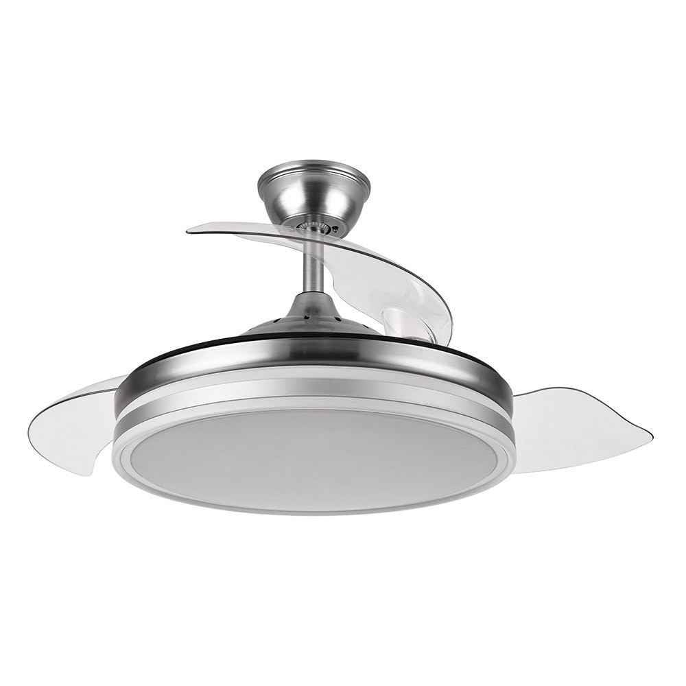 FABRILAMP TODOLAMPARA - Ventilador de techo con luz LED 72W motor DC modelo BAYOMO, color Niquel, 3 tonalidades, aspas retráctiles, 6 velocidades, control remoto
