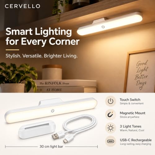 Image of CERVELLO USB Rechargeable LED Light Bar, 30 cm Dimmable Lamp with Detachable Magnetic Base, Touch Operation and Light Modes for Makeup, Reading, Cabinets and Closets