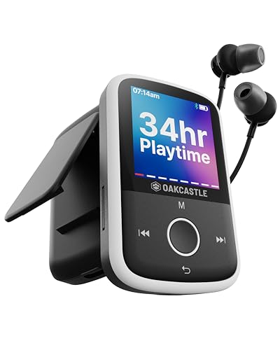 Reproductor MP3 Bluetooth con Clip Deportivo | Auriculares incluidos | Memoria de 16GB, Ampliable a 128GB | Pantalla HD a Color, 34h de batería | SD y USB-C | Reproductor MP3 Oakcastle MP250