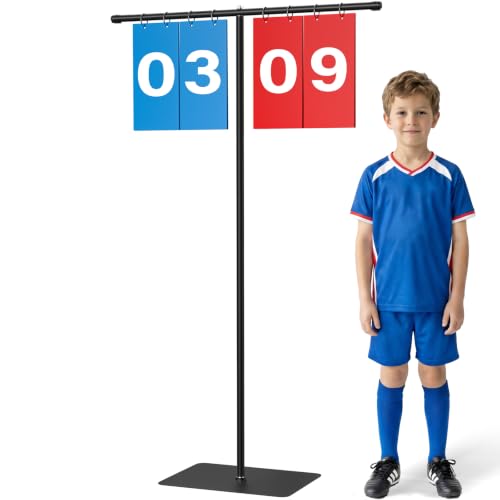 Filp Scoreboard with Adjustable Iron Stand, 60" Extra Large Score Keeper with Heavy Duty Stable Base, Waterproof PVC Flip Cards, Easy Read Sports Scoreboard for Cornhole, Tennis, Basketball Games