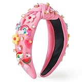 PANTIDE Floral Jeweled Knotted Headband - Rainbow Rhinestone Crystal Embellished Headband Wide Top Knot Fashion Hairband Hair Accessories Spring Summer Birthday Gift for Women Girls (Pink)