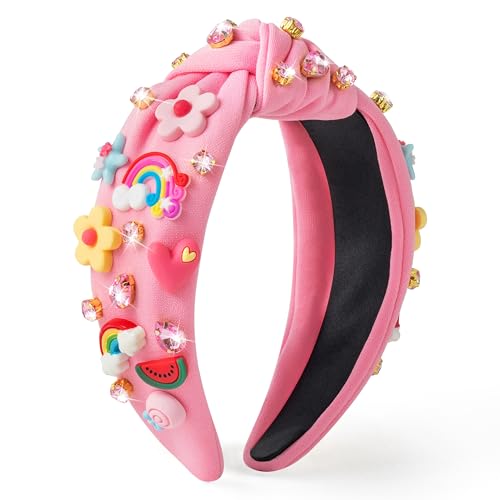 PANTIDE Floral Jeweled Knotted Headband - Rainbow Rhinestone Crystal Embellished Headband Wide Top Knot Fashion Hairband Hair Accessories Spring Summer Birthday Gift for Women Girls (Pink)