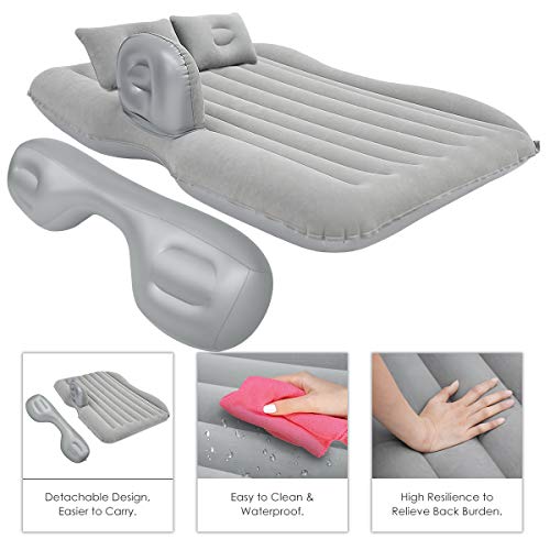 Inflatable Car Air Mattress, Removable Gray Backseat Air Bed with Air-Pump, Portable Car Travel Bed with Two Pillows Fits Most Car Models for Camping Travel, Hiking, Trip and Other Outdoor Activities