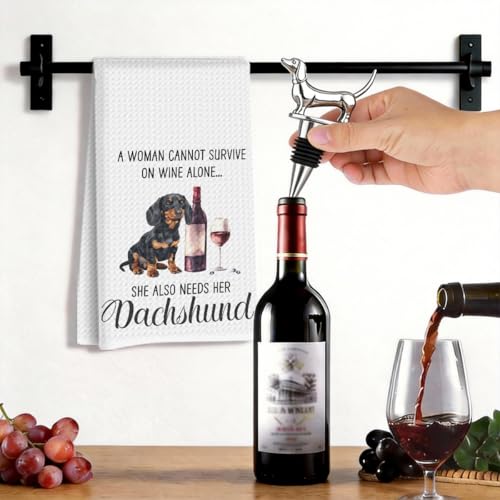 Image of Funny Dachshund Wine Kitchen Towels with Wine Bottle Stopper 24x14 Inch, Dachshund Gifts Reusable Dish Towels for Kitchen Bars Decor, Weiner Dog Gifts for Women Men Christmas Birthday Gift-2