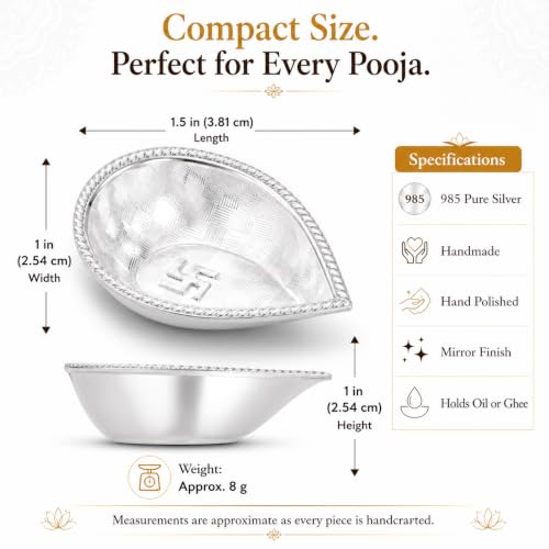 Image of 985 Pure Silver Leaf Diya, Handmade Silver Deepam Oil Lamp, Chandi Diya for Home Temple, Daily Pooja, Lakshmi Pooja & Diwali, Pooja Item, Wedding, Housewarming, Return Festival Gift