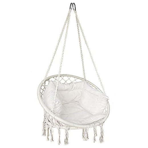 VOUNOT Hanging Chair with Cushion, Macrame Hammock Swing Chair for Balcony, Patio, Garden, Outdoor, 265LBS Capacity, Beige