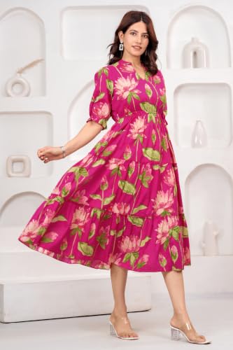 Image of Dress for Women | One Piece for Women | Long Stylish Women Dress Fit & Flare Maxi Dress, Cotton Summer Calf Length Dress
