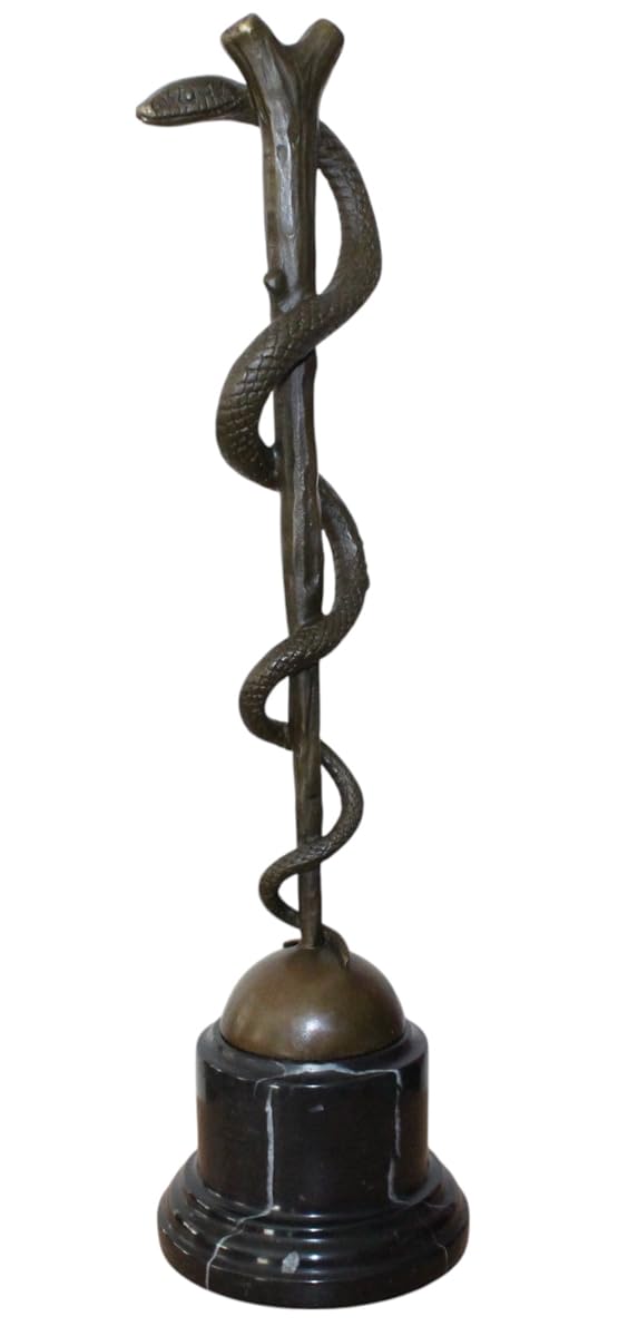 Bronzefigur Bronzeskulptur Äskulapstab Schlange aus Bronze auf Marmorsockel H 38 cm Deko Figur