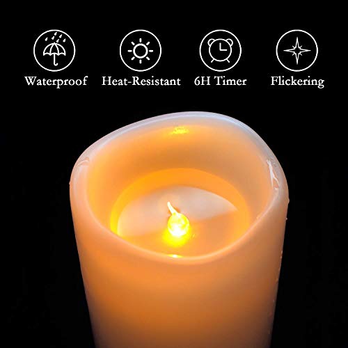 Image of Homemory 4 inch x 8 inch Waterproof Outdoor Flameless Candles, Battery Operated Flickering LED Pillar Candles with Remote and Timers for Indoor Outdoor Lanterns, Long Lasting, Large, Dark Ivory, Set of 2