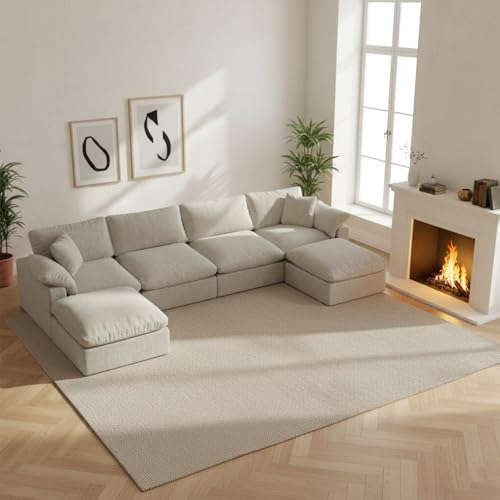 Image of Modern Modular Sectional Sofa U-Shaped 6-Seat with Ottoman,Light Beige-Extra Comfty Deep Seat Couch for Living Room,Apartment,Office & Small Spaces
