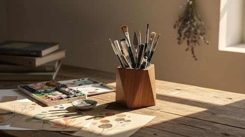 Image of ᵀᴹ Solid Wood Pen & Pencil Holder | Modern Desktop Organizer for Office & Home | Stylish Stationary Holder, Makeup Brush Organizer | Ideal Office Accessory & Gift