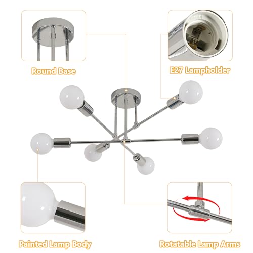 Goeco Industrial Vintage Deckenleuchte, Galvanisierte Metall Deckenlampe Kronleuchter mit 6 E27 Fassungen für Wohnzimmer Esszimmer Küche Flur, Chrom, Dia. 60 cm(Ohne Glühbirnen)