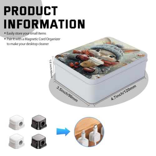 Image of Metal Tin Box with Lid,Multi-functional Storage Box Can Store Tea Biscuits Game Cards, Playing & Tarot Cards-Comes with 4 Magnetic Cord Clips,Winter Bunny