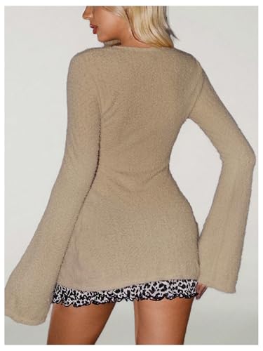 Image of OYOANGLE Women's Bow Tie Cardigan Sweater Long Sleeve V Neck Cut Out Sweaters Khaki Medium