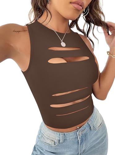 Image of LovelyWholesale Women Sexy Cut Out Crop Tank Tops Crew Neck Summer Sleeveless Top