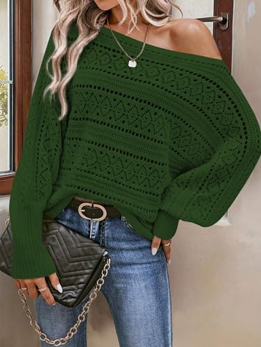 Cakulo Womens Off Shoulder Sweater Top Fall Outfits Fashion 2025 Oversized Knit Batwing Long Sleeve Crochet Sweaters Green M2