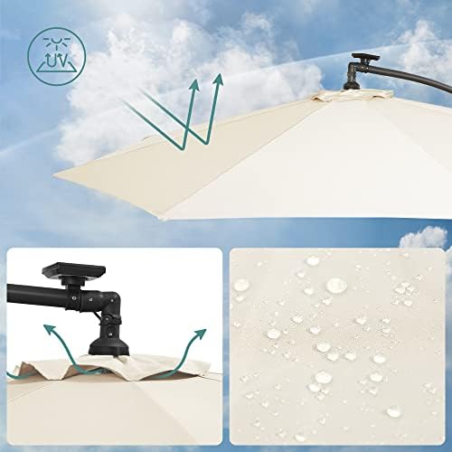SONGMICS Cantilever Garden Patio Parasol with Solar-Powered LED Lights, Offset Parasol with Base, UPF 50+ Banana Hanging Umbrella, Crank for Opening Closing