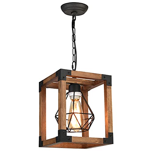 DOHOMER Farmhouse Pendant Light Fixtures, Natural Oak Frame Pendant Ceiling Lights with 59 Inch Adjustable Pipes for Flat and Slop Ceiling Hanging Light Fixtures,Bedroom/Kitchen/Dining Room (VA00302)