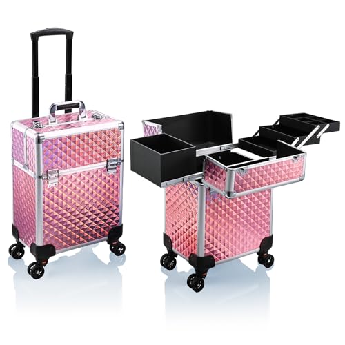 Stagiant Rolling Makeup Train Case in pink with diamond pattern, featuring multiple trays and compartments, designed for organization and portability, suitable for makeup artists and travelers.