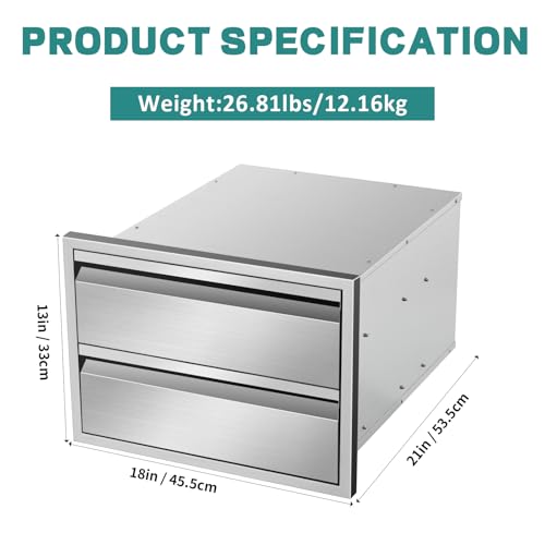 Image of Outdoor Kitchen Drawers 18 inch W x 13 inch H x 21 inch D Stainless Steel Drawer BBQ Double Drawers with Hidden Handle for Outdoor Kitchen Island, Patio Grill Station