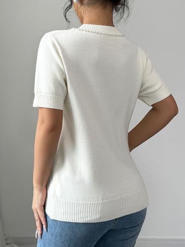 MakeMeChic Women's Bow Sweater Crew Neck Short Sleeve Knitted Pullover Beaded Tops2