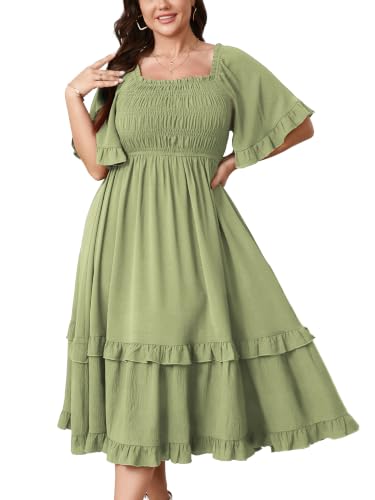 Image of SCOMCHIC Women's Plus Size Maxi Summer Wedding Guest Cocktail Boho Dresses | Short Sleeve, Square Neck Smocked, A line, Fall, Elegant Flowy Long Dress