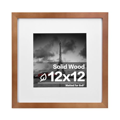 Egofine 12x12 Picture Frame Light Brown, Wood Frames with HD Plexiglass for Pictures 8x8 with Mat or 12x12 without Mat, Wall Mounting Display