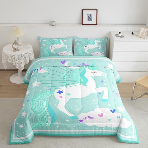 Feelyou Teal Unicorn Bedding Set Full Size for Kids