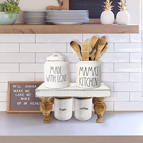 Ameuphercy Decorative Tray Riser Display Stand For Coffee Bar Table Decor Rustic Centerpiece Tray Counter Organizer For Kitchen Farmhouse Pedestal Stand Farmhouse, White With Brown #TOP1