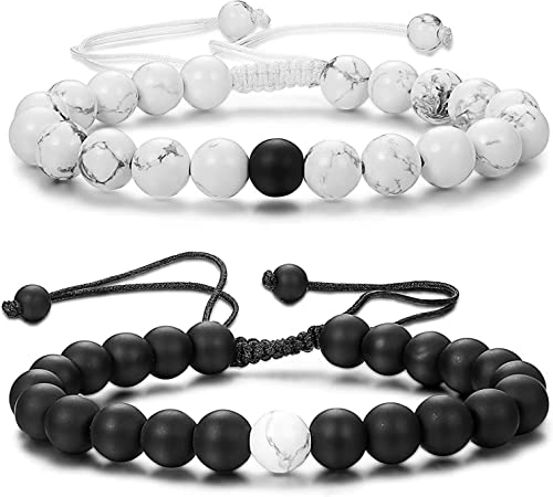 CASSIECA 2 Pcs Bracelets de Distance Bracelet de Couple Relationnel Onyx/Pierre Blanche Bracelet de Perles Extensibles Tressées Ensemble de Bracelets Assortis pour Cadeau de Saint Valentin Cover