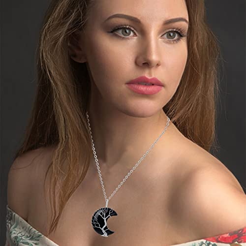 Xiuqilai Healing Crystal Necklace Tree Of Life Wire Wrapped Black Obsidian Crescent Moon Natural Stone Pendant Necklaces Hippie Boho Witch Wiccan Spiritual Reiki Gemstone Quartz Jewelry For Women #TOP2