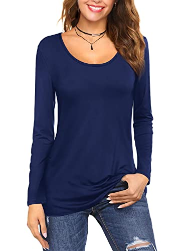 Amoretu Womens Casual Tops Solid Color Long Sleeve Basic Tee Shirts Navy XXL