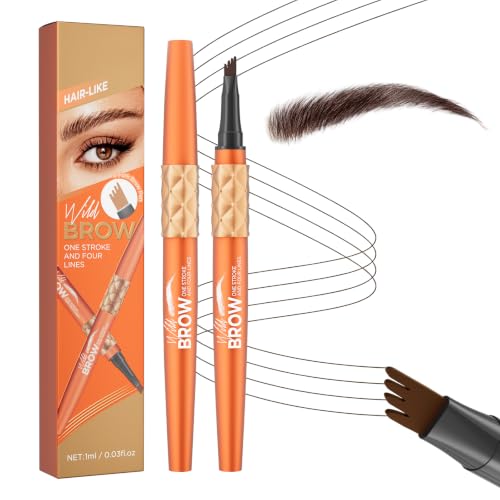 Lápiz de Cejas de 4 Puntas Resistente al Agua, Rotulador Microblading Efecto Pelo, Larga Duración y Resistente al Roce para Cejas Naturales y Definidas (Marrón Oscuro)