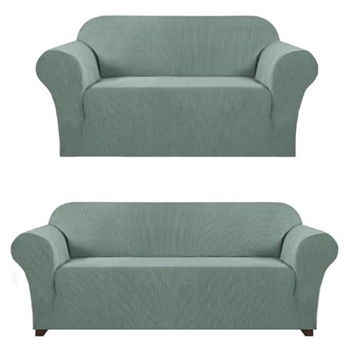 PrinceDeco Stretch Loveseat Cover Bundles Sofa Slipcover, Furniture Protector, Plaid Pattern, Removable and Washable, Sage