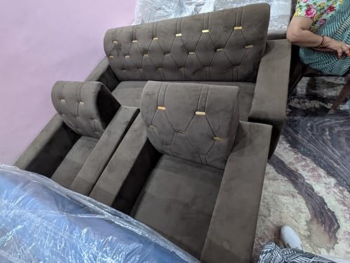 Image of Modern Tufted Velvet Sectional Sofa, Grey, L-Shaped Design with Gold Accent Buttons