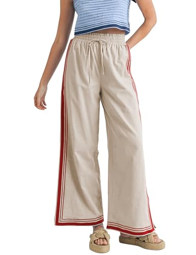 Womens Wide Leg Pants Drawstring Elastic Waist Striped Palazzo Pants with Pockets