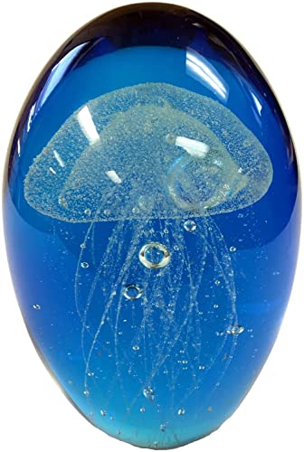 G.i.i Glass Jellyfish Paperweight, White, Glow In The Dark, With Blue Background, 4.5" H. #TOP2