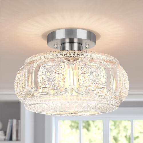 Image of 11 Inch Globe Glass Semi Flush Mount Ceiling Light Fixture, Nickel