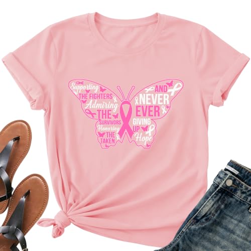 Image of Breast Cancer Survivor Butterfly Shirt for Women-Pink Ribbon Short Sleeve | With Hope Slogan Print Tee Top Ideal for Breast Cancer Group Uniform for Awareness Month & Survivor Memorial Gathering