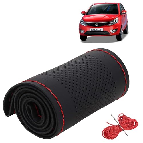 Image of KINGSWAY PU Leatherite Car Steering Cover Sewable Compatible with Tata Bolt (Year 2014 Onwards), Black Color with Red Thread, Pack of 1 with Sewing Needle and Thread